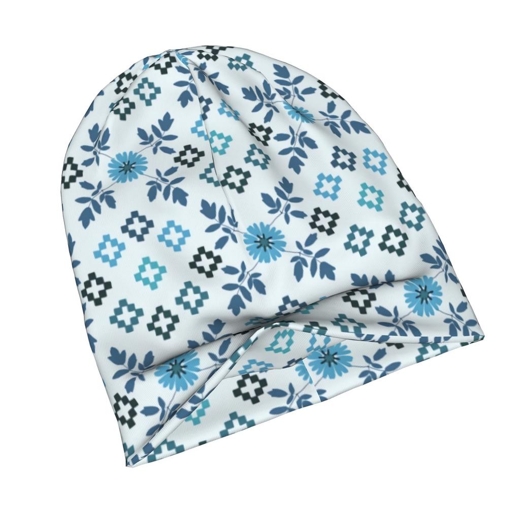 2D Flat Printing Beach Cottage Blue Floral Seamless Repeat Stylish Adult Beanie for Layering with Fall Or Winter Outfits Brings Relaxed Charm To Stree