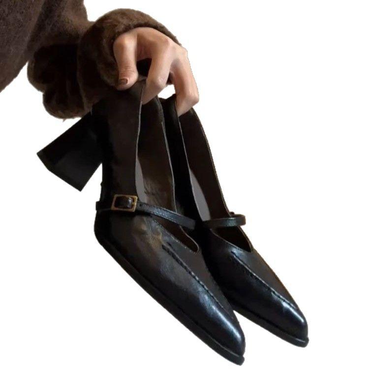 Sheepskin Version - Retro Pointed High-heeled Mary Jane Shoes Women's Light-mouth Buckle Thick-heeled Single Shoes