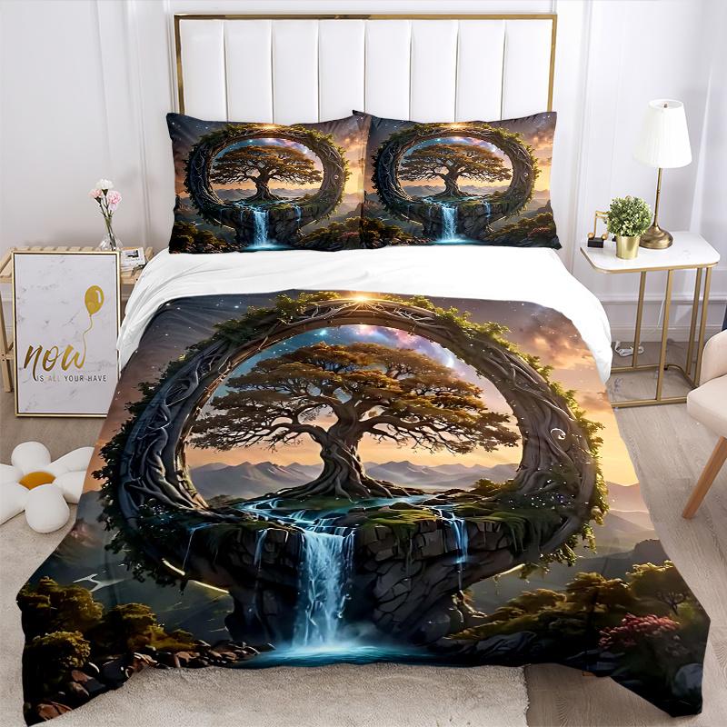 3pcs Fantasy Landscape with a Mystical Tree Quilt Set - Soft and Comfortable Bedroom, Guest Room and Dorm Decor Bedding Set 1 Quilt Cover + 2 Pil