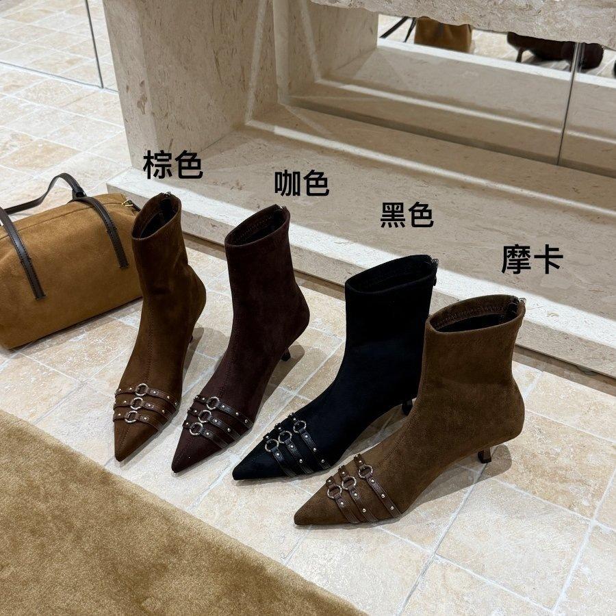 Pointed thin heel short boots women's suede rivets decorative temperament thin thin boots autumn and winter women's boots