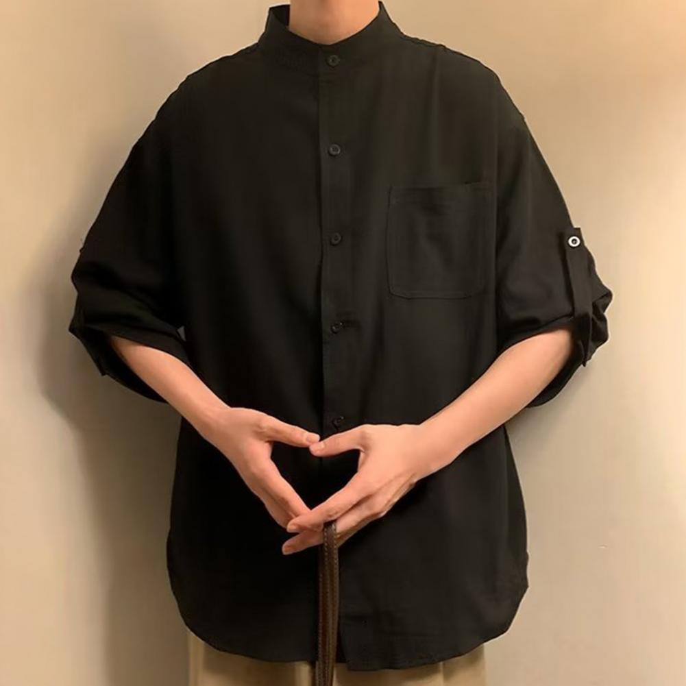 Men Simple Stand Collar 3/4 Sleeve Casual Shirt Solid Color Loose Fit Single-breasted Patch Pocket Shirt Tops Workwear