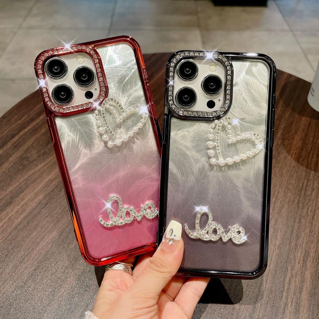 High-end Electroplated Lens with Diamond-encrusted Heart, Suitable for DIY IPhone15Pro Phone Case, Apple 14 Gradient Feather