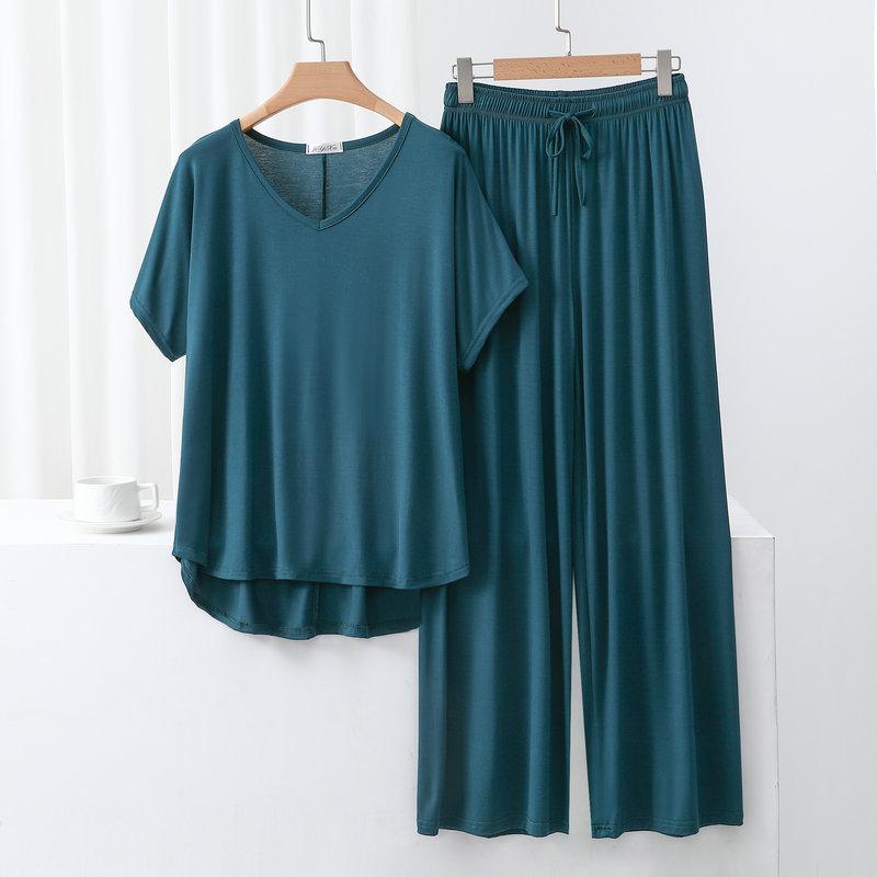Summer Modal Homewear 2 Piece V-Neck Short Sleeve Tshirt and Wide Leg Pant Ankle Length Loose Sleepwear Set Comfort Pajama Sets