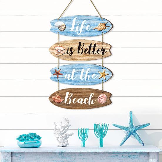 Life Is Better at The Beach Bathroom Wall Decor Wooden Surfboard Coastal Hanging Plaques Rustic Nautical Farmhouse Wall Sign