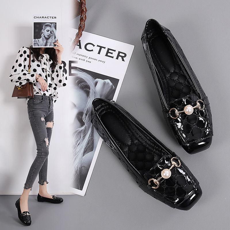 Trendy brand size leather single shoes women's flat-soled versatile Doudou shoes square head soft leather soft sole casual loafers 43 ladyshoes