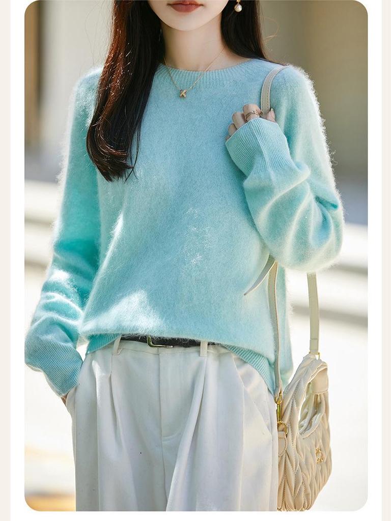 Women's Pure Wool Round Neck Sweater - Cozy Loose Knitwear for Autumn/Winter