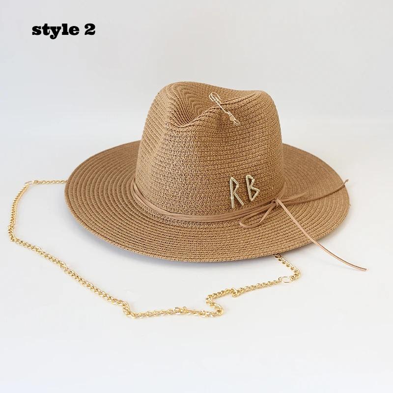 Handmade Diy Metal Rb Letter Chain Jazz Straw Hats For Women Men Upf50+ Fashion Panama Hat Summer Outdoor Holidays Beach Sun Hat
