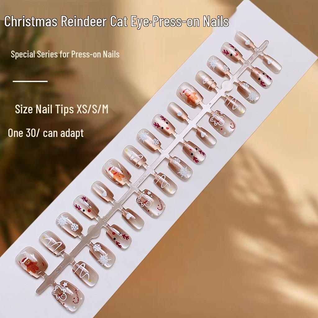 

Festive Elk Cat Eye False Nails - Cute Wearable Christmas Nail Art