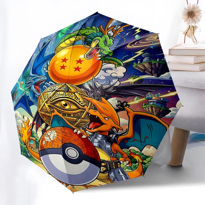 1pc Dragon Ball Z & Pokémon Automatic Opening Umbrella Portable 3-Fold Design with 8-Bone Iron Frame Outdoor for Fans, Travelers, Everyday Use Perfect