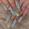 Long Ballet Nail Matcha Green Gradual Change Curve Flower Golden Butterfly Diamond Wearing Nail Summer New Product