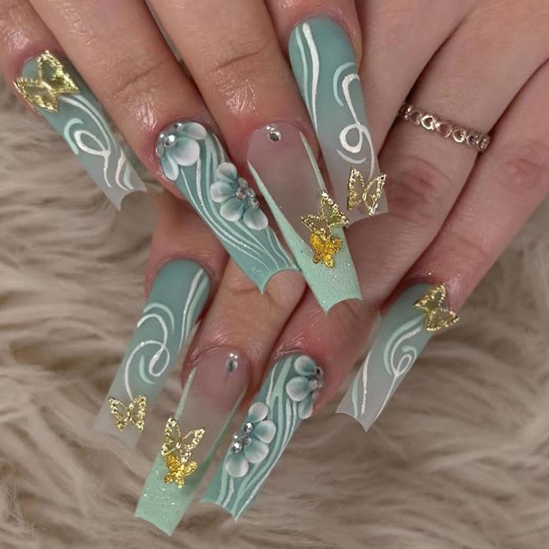 24Pcs White French Tip False Nails Long Ballerina Coffin Shape With Butterfly And Pearl Decor Full Cover Press On Nail Tips