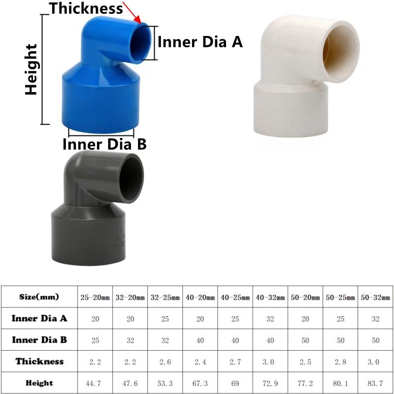 1PC I.D 20~50mm PVC Reducing 90 Degree Elbow Joints PVC Pipe Connector Garden Irrigation Water Aquarium Fish Tank DIY Fitting