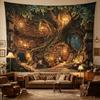 Imaginative tapestry with motifs of old trees and libraries tree root house books stairs warm lamp wall hanging beautiful fabric