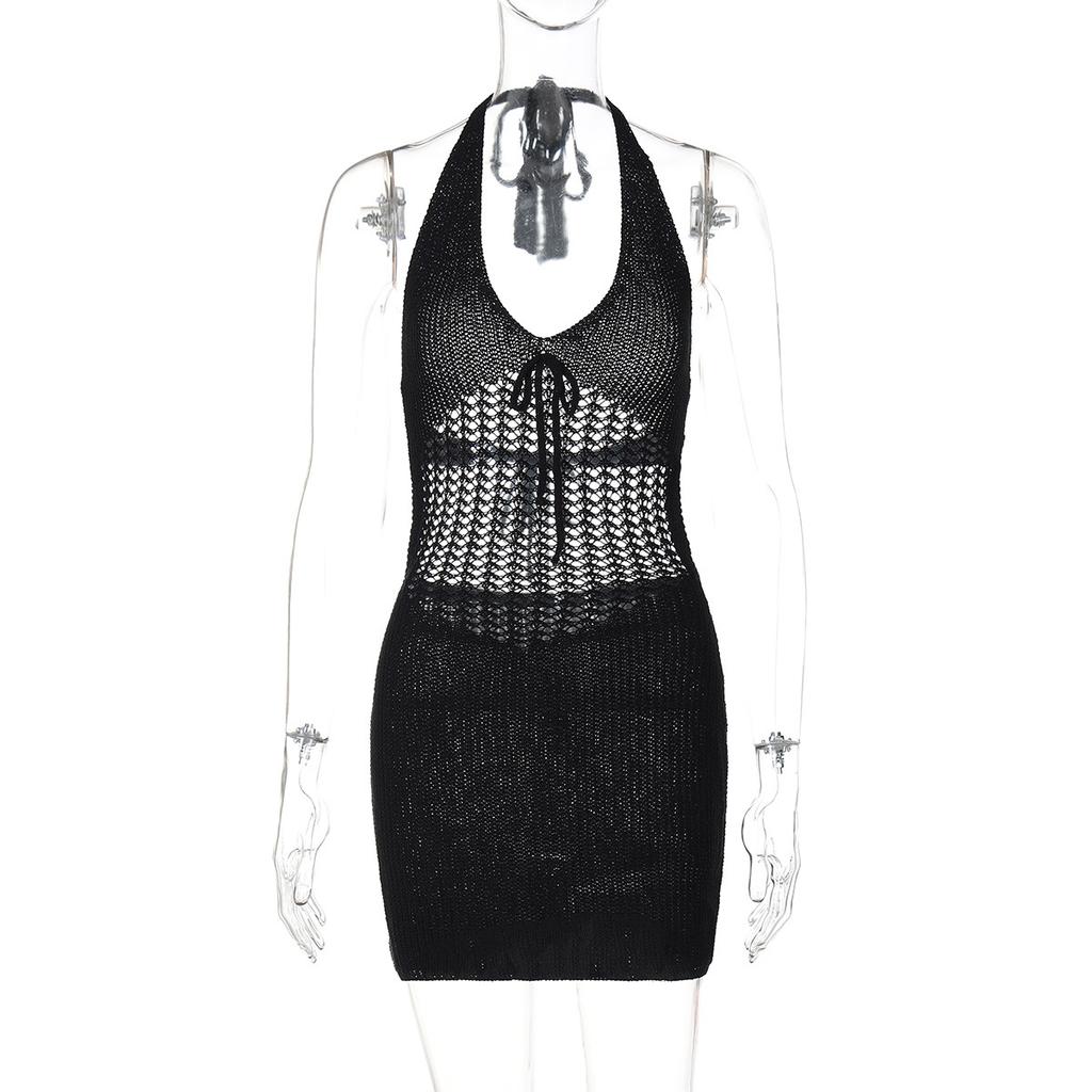 Rochii de damă sexy, cu decolteu în V, cu halter și spate gol, tricotate