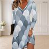 Women Plus Size V Neck Long Sleeve Printed Curved Hem Casual Dress