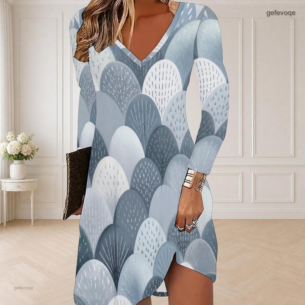 Women Plus Size V Neck Long Sleeve Printed Curved Hem Casual Dress
