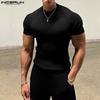 INCERUN Summer Men O Neck Short Sleeve Rib Casual Fitted T-shirts Tee Tops