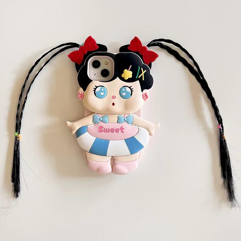 

For iPhone 15 Silicone Case Cute Long Braided Girl Design Shockproof Phone Back Cover As Shown A