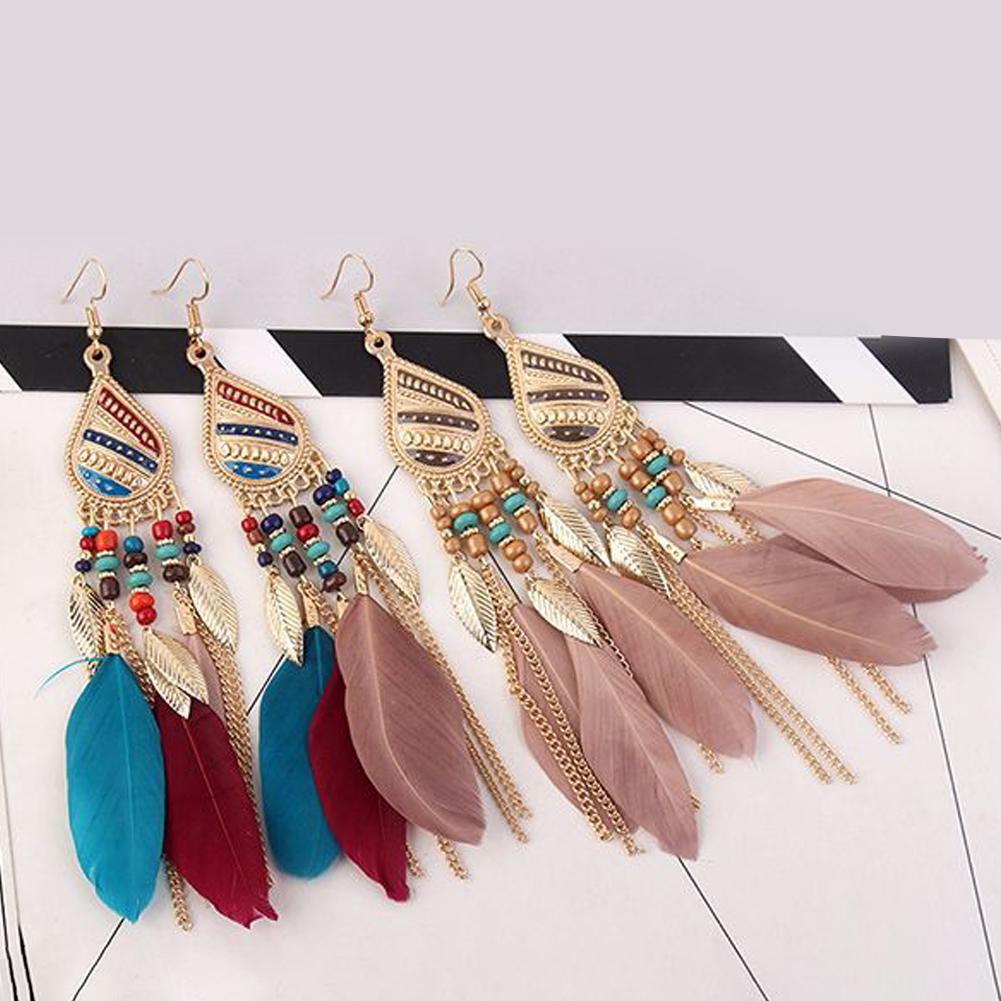 Vintage Elegant Long Pendant Dangle Hook Feather Earrings Women Jewelry Gift