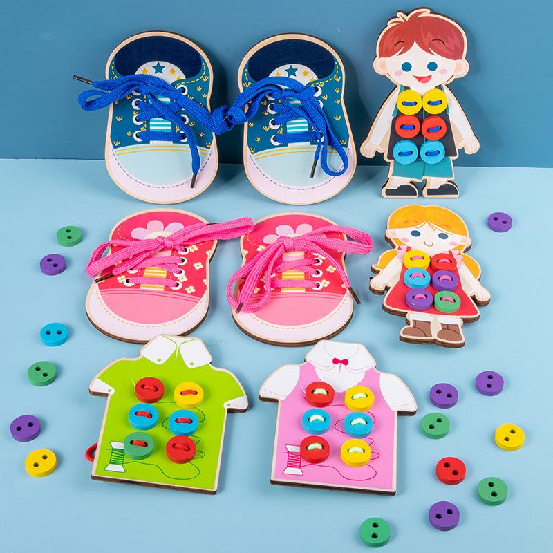 Children's Educational String Games, Wooden Clothes Buttons To Tie Shoelaces, Baby Early Education Exercise, Hands-on Brain Toys