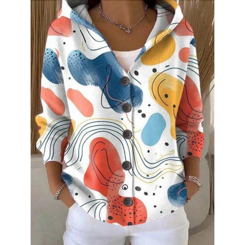 Women S Printed Button Knit Hooded Cardigan Sweatshirt Casual Loose Outerwear