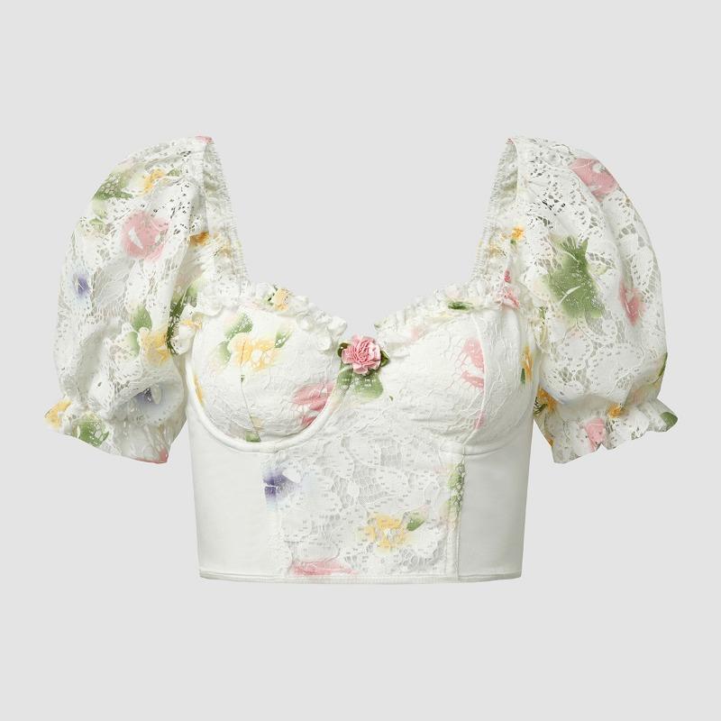 Street Backless Puff Sleeve Sexy Shirt Women with Steel Ring Fishbone Vintage Slim Fit Sexy Crop Tops for Women Print Elegant Blouses 24441