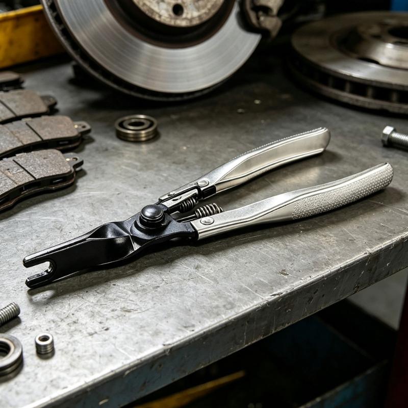 Press-Down Brake Pad Retainer Pliers with Steel Tool Body and Opposing Gripping Tips for Removing and Repositioning Brake Hardware Tasks