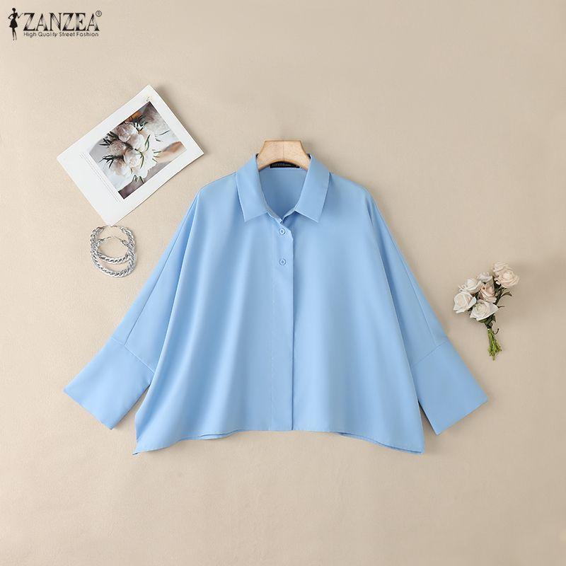 ZANZEA Damska luźna bluzka z długim rękawem i kołnierzykiem