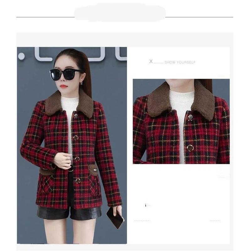 Women's Winter Plaid Woolen Coat With Fleece Lining Casual Lapel Button Jacket