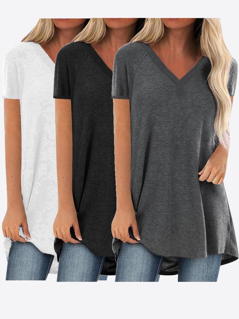 Women's V-Neck Swallowtail Short-Sleeved T-Shirt Set - 3 Pieces, Daily Casual Wear