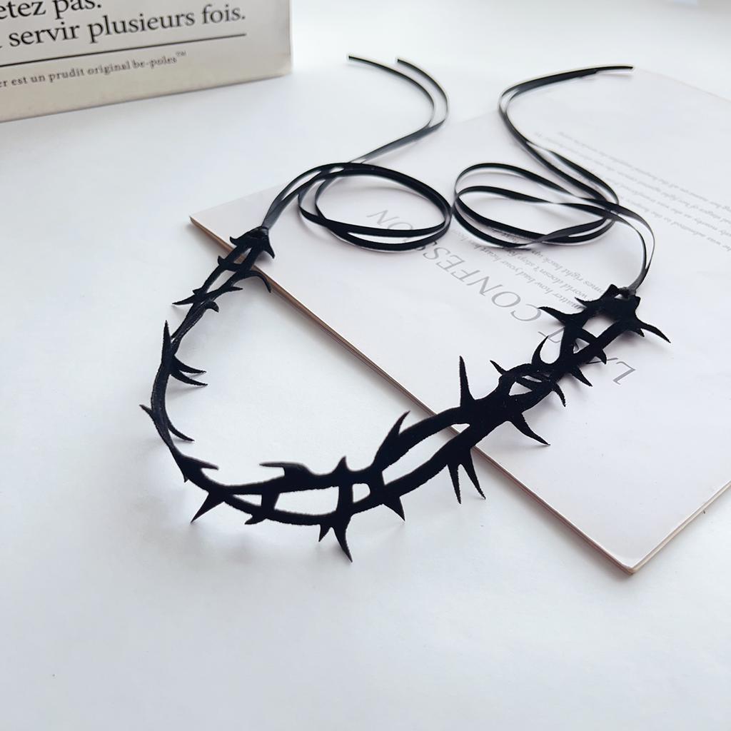 Dark tie Goth style personality fashion suede black thorn roleplay witch masquerade ball Strap choker Choker collar necklace gir