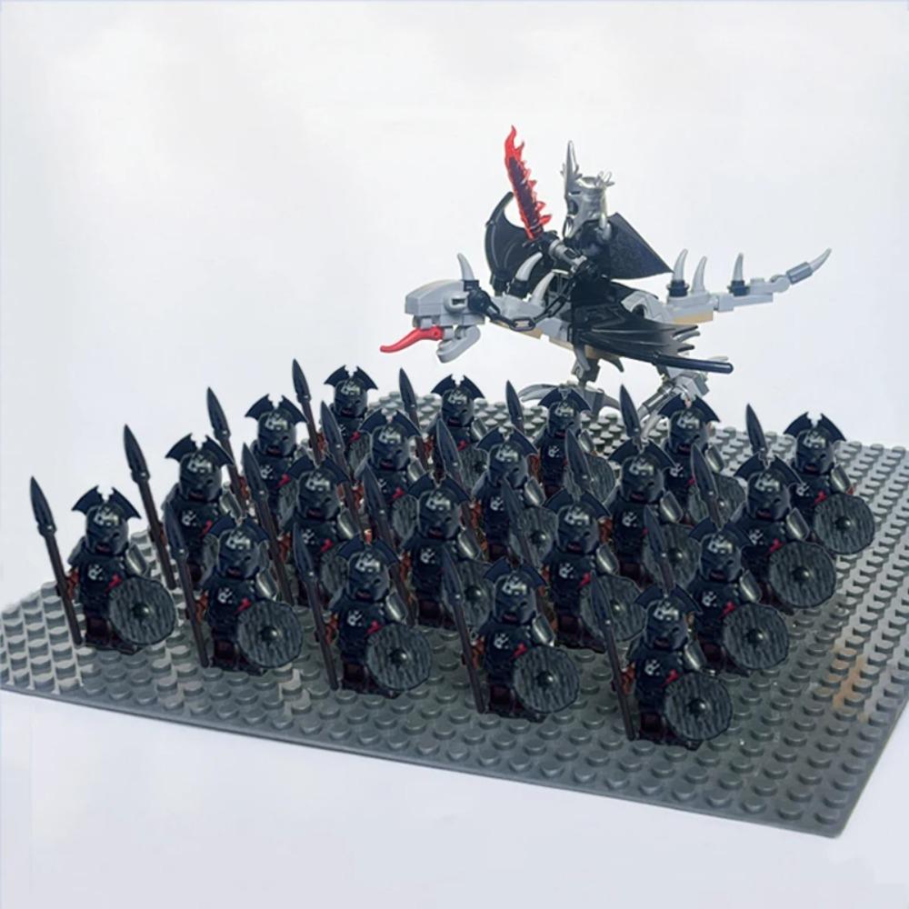 New 21Pcs Solider Uruk Hai Army Figrues King Angmar With Fell Beasts Shield Sword Bow Spear Weapons Kid Toys