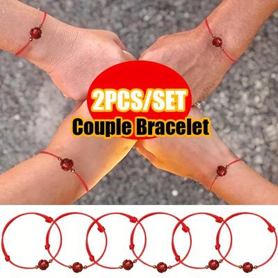 2pcs Good Luck Lotus Beaded Bracelet Simple Men Women China Style Handmade Woven Size Adjust Couple Bracelets Charm Boy China Red Jewelry Gifts