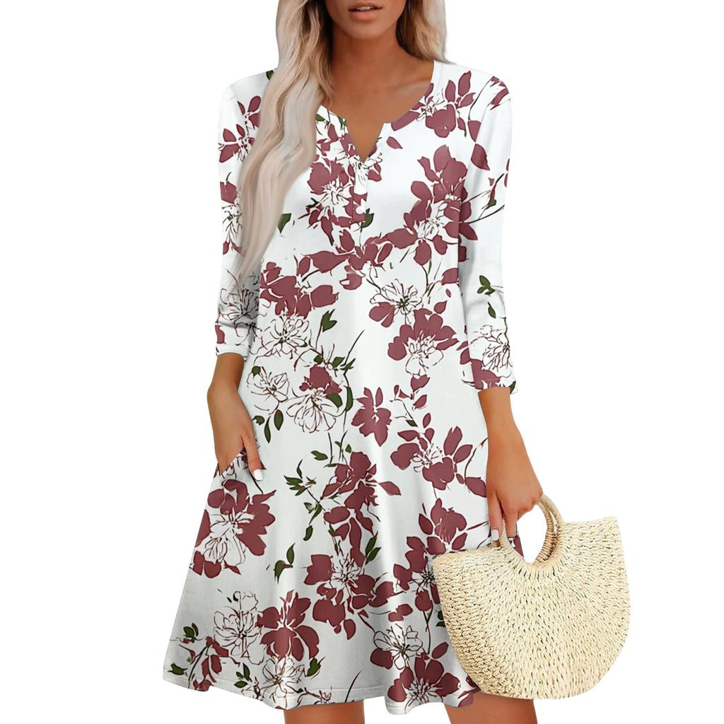 Damen Modisches V-Ausschnitt Knopf Sieben-Achtel-Ärmel Manschette Tasche Blumenkleid