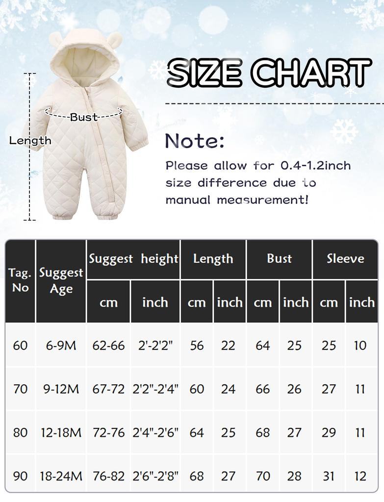 AIEOE Baby Down Long Newborn for Boys and Bear Front Baby Shower Size 60 Romper, Sleeve, Hooded, Coverall, Girls, Autumn/Winter, Thick, Warm, Cute,