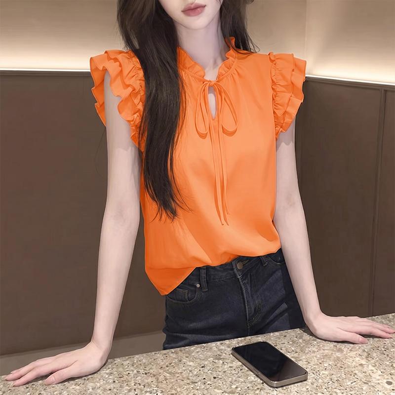 

ZANZEA Women Casual Round Neck Solid Color Loose Ruffles Sleeveless Blouse 2XL помаранчевий