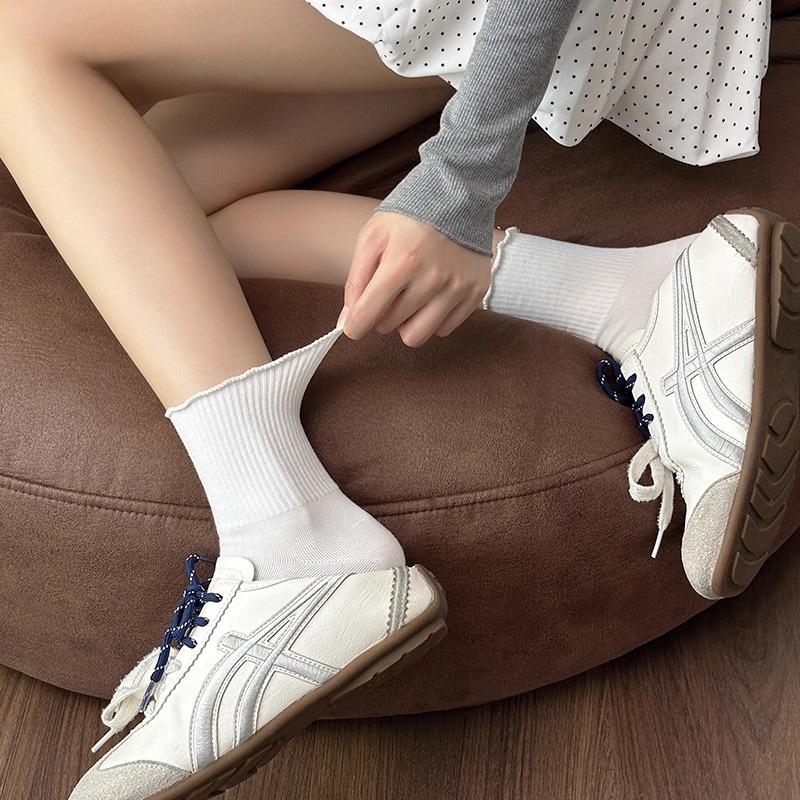 Women's Pure Cotton Ruffle Lace Mid-Calf Socks - Maillard Solid Color Japanese JK Style 