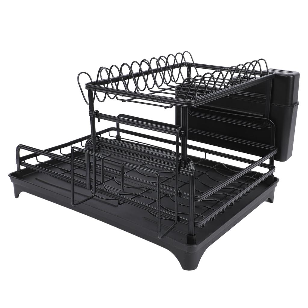 Dish Drying Rack Black Minimalist Space Saving Carbon Steel 2 Tier Dish Drainer for Kitchen Counter