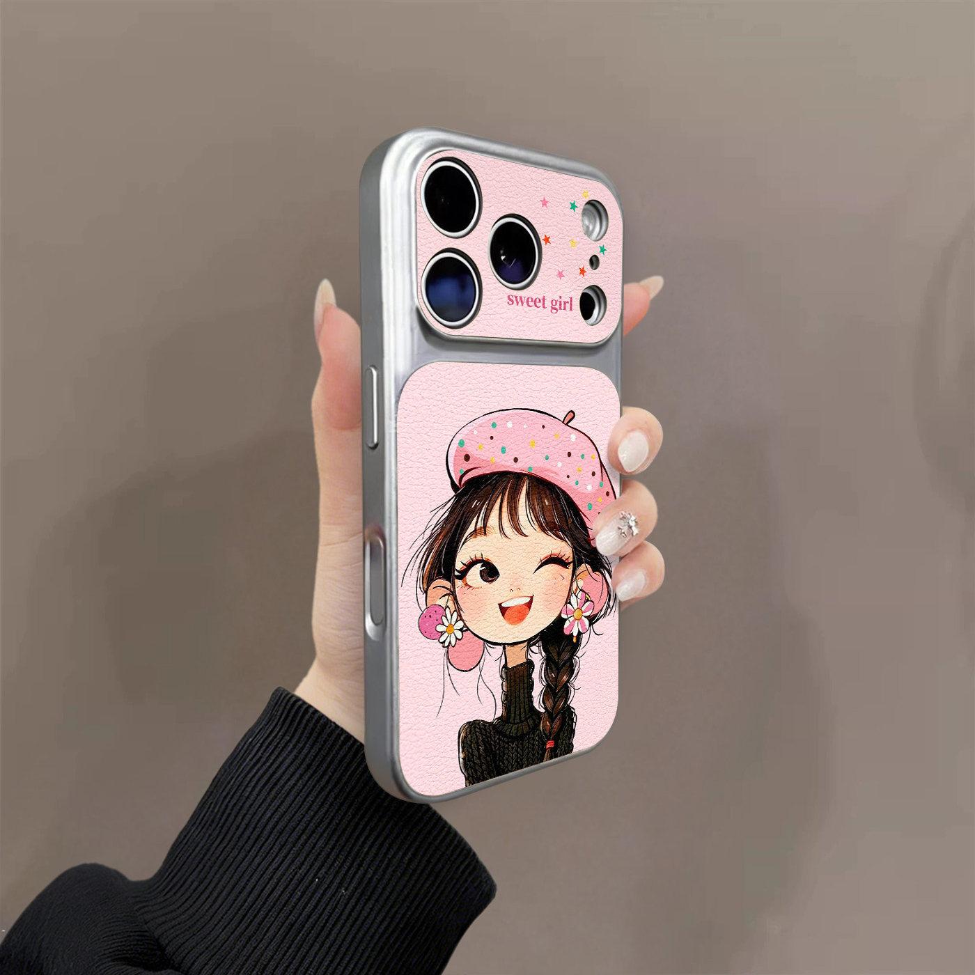 

Pink hat girl for iPhone17promax mobile phone case Apple s new niche leather case Apple 17promax