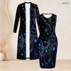 Women Plus Size Two Piece Set Long Sleeve Open Front Cardigan Sleeveless Bodycon Printed Dress Black Green Gold