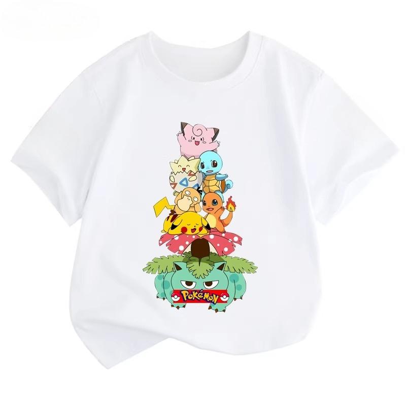 Potdemiel Estate Nuova T-shirt in Puro Cotone con Stampa Pikachu per Bambini, Ragazzi e Ragazze, T-shirt per Bambini Comoda e Traspirante