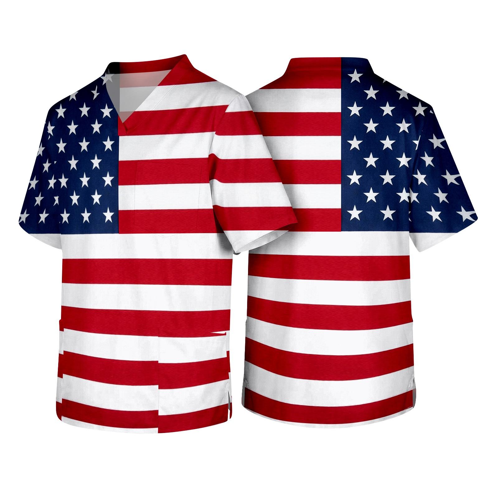 

Men s V Neck Short Sleeve Work Shirt with Chest Pocket American Flag and Statue of Liberty Print Independence Day Design Casual Fit S