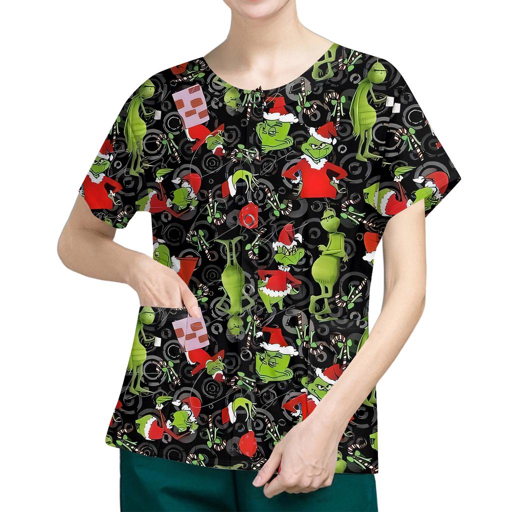 Women's Short Sleeved Patterned Pockets, Work Print Stand Up Collar, Single Breasted Protective Clothing, Cardigan Jacket, Top