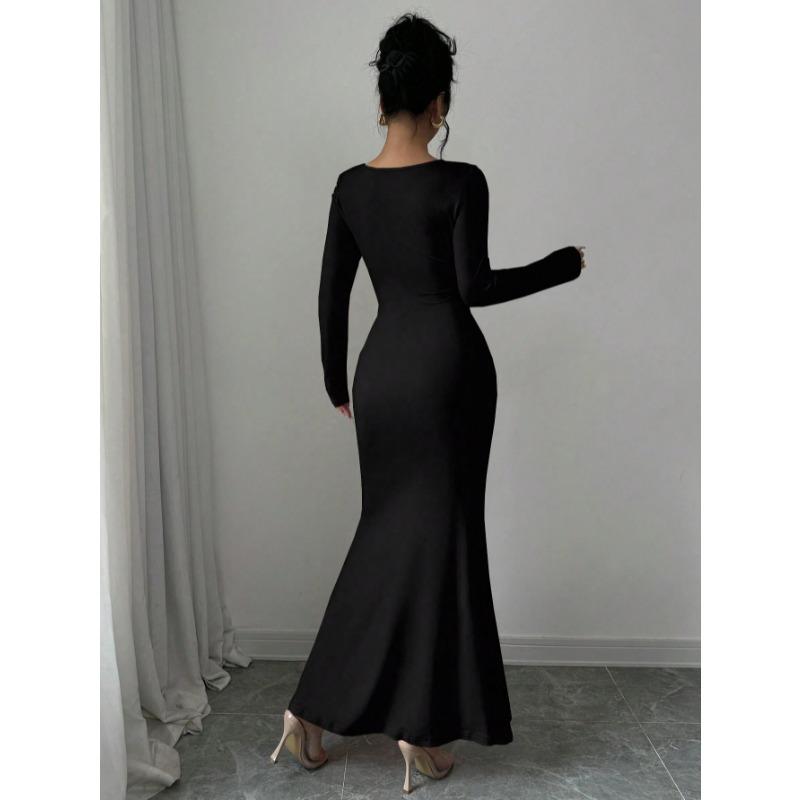 Elegant Sexy Long Sleeved Fishtail Dress Tight Fit Spring Pleated Square Collar Solid Color Party Maxi Long Dresses Evening Spring Bodycon Dress