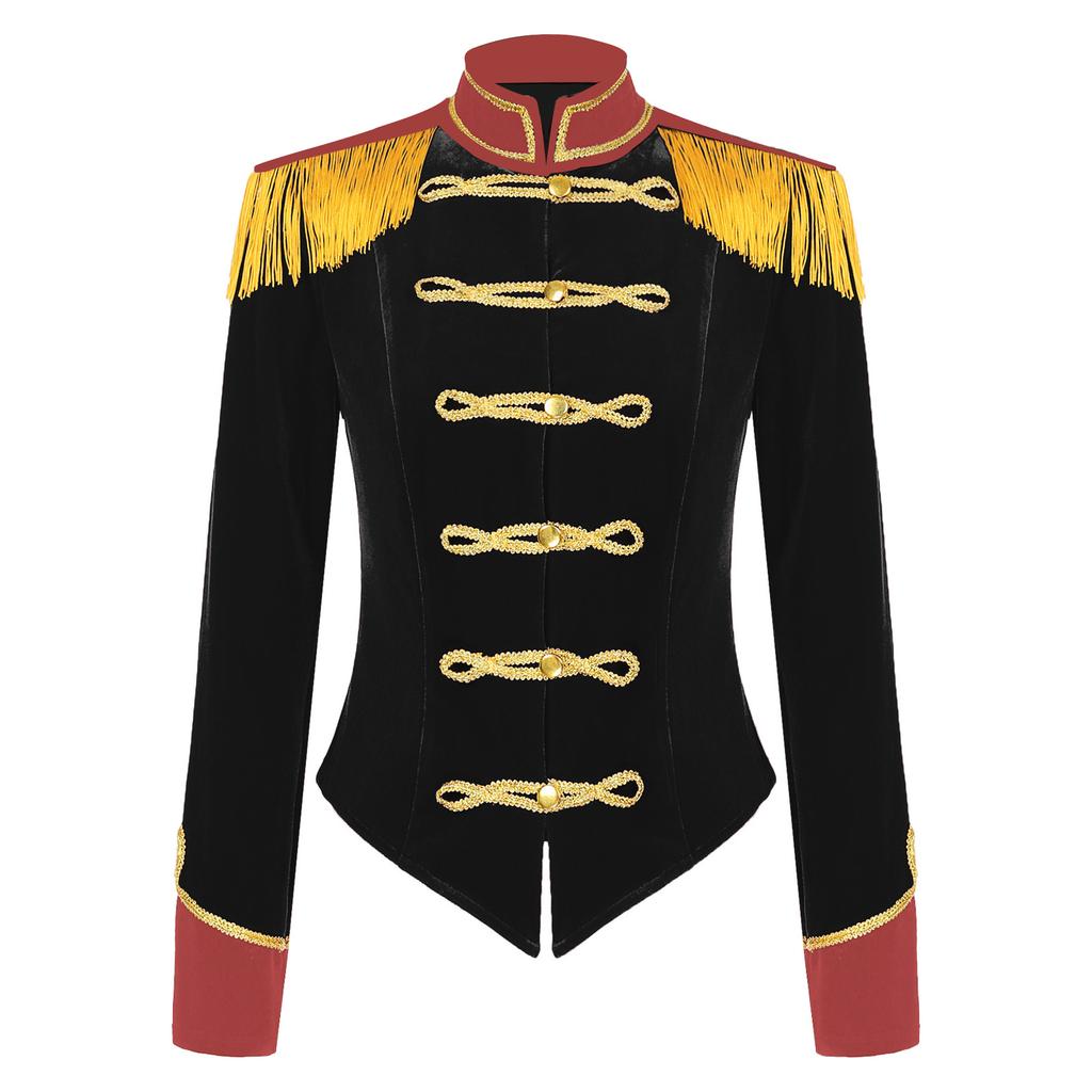 Costume da Domatrice da Circo da Donna Giacca di Velluto con Colletto Alto e Spalline Frangiate Halloween Cosplay Abito da Spettacolo