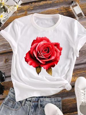 (Asian Size) Lovely Flower Trend Short Sleeve T Shirt Women Tee Top Clothing Casual Flower Fashion Print Lady Female Graphic T-shirt