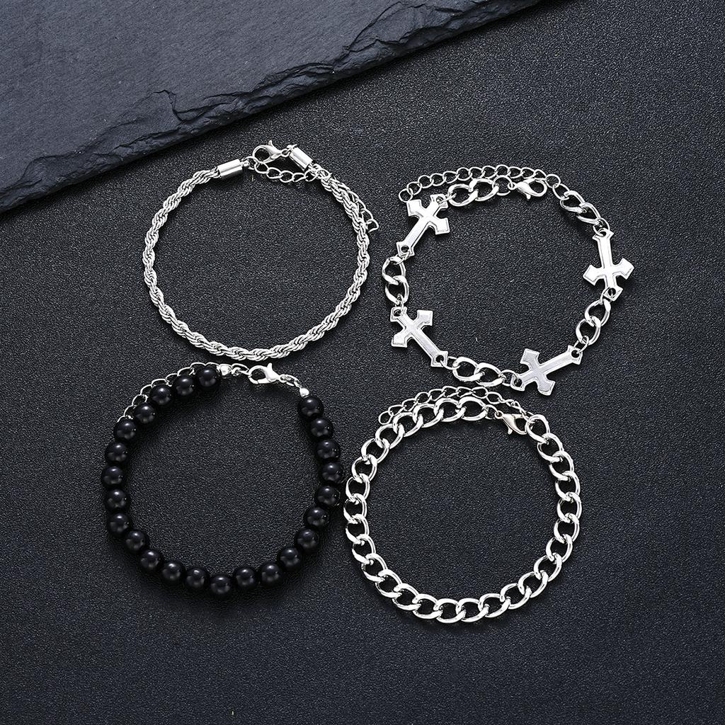 4 Pcs Stainless Steel Bracelet Set For Men Women Punk Fashion Cross Beads Chain Bracelets Simple Hip Hop Unisex Jewelry Gift