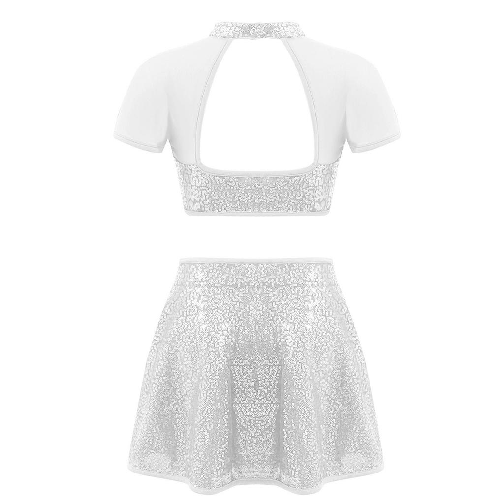 Kids Girls Sparkly Dance Outfit Stand Collar Crop Top Mesh Patchwork Open Back with Skirt