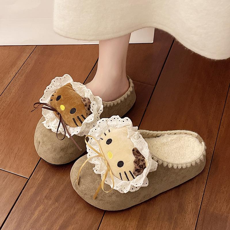 Suede Cute Cartoon Girl Flat-bottomed Slippers Summer and Autumn Kitten Casual Thick-soled One-pedal Bag Head Slippers Tide