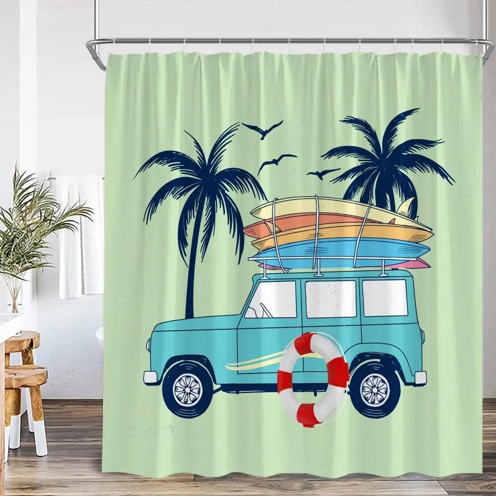 Camping Shower Curtain Camper Travel Bus Beach Coconut Tree Surfboard Outdoor Action Bathroom Decoration RV Shower Curtain